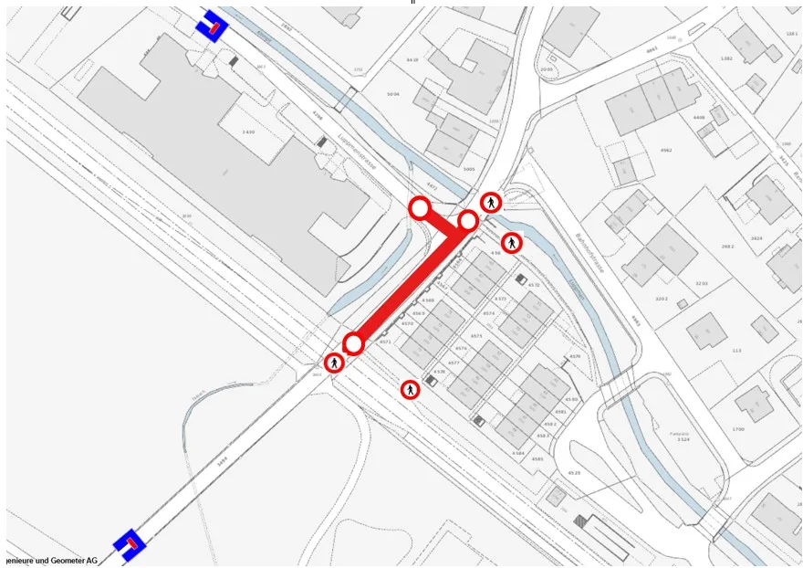 Auch die Fussgänger werden umgeleitet. Karte der geplanten Sperrung in Fehraltorf.